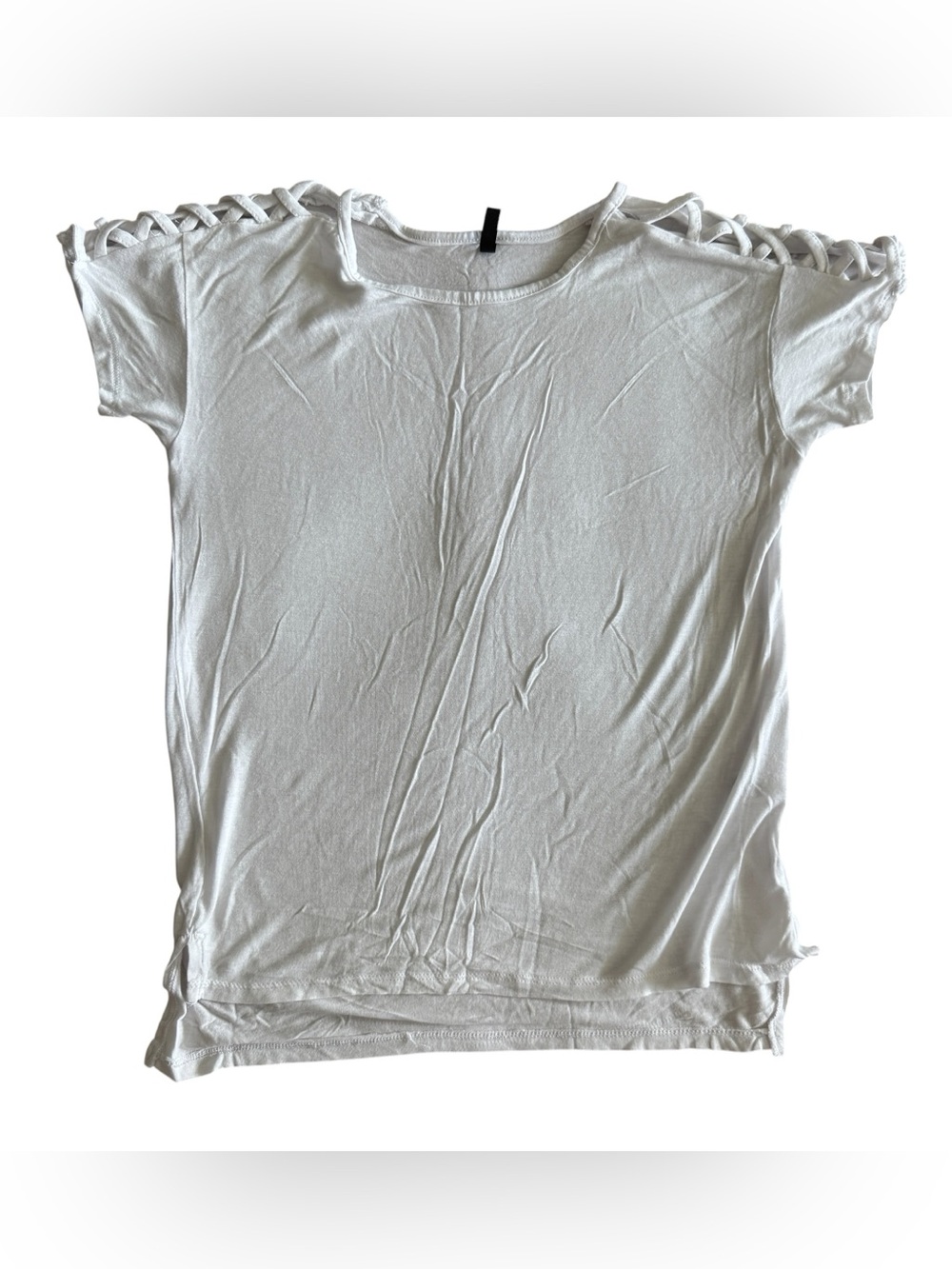 Splash White Lattice Shoulder Top Medium Short Sleeve Casual High Low Tee
